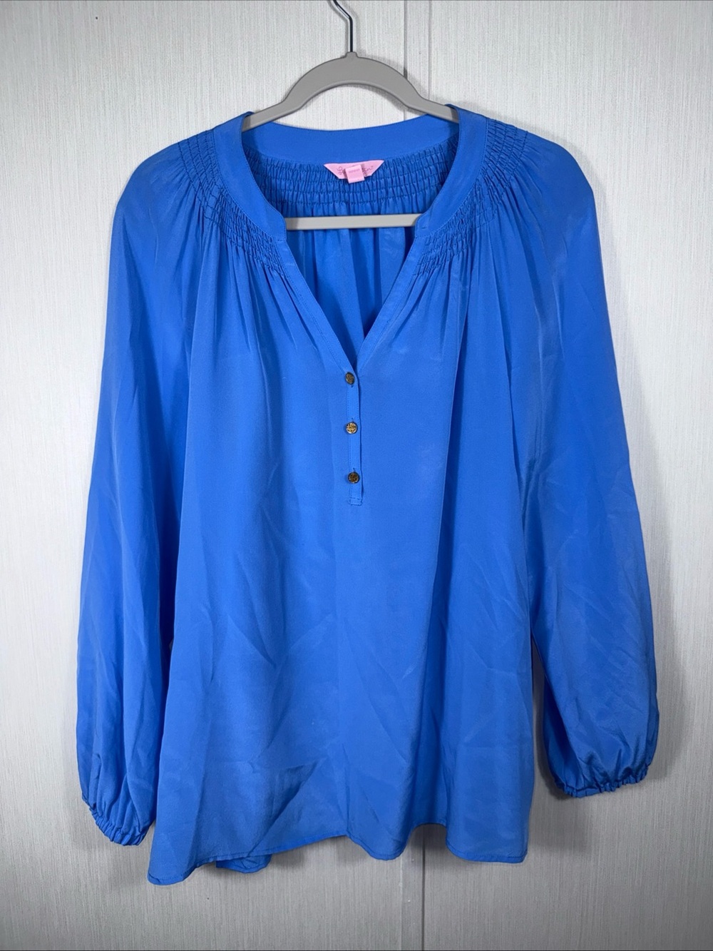 Lilly Pulitzer L 100% Silk Popover Blouse Top Electric Blue Luxury Lightweight